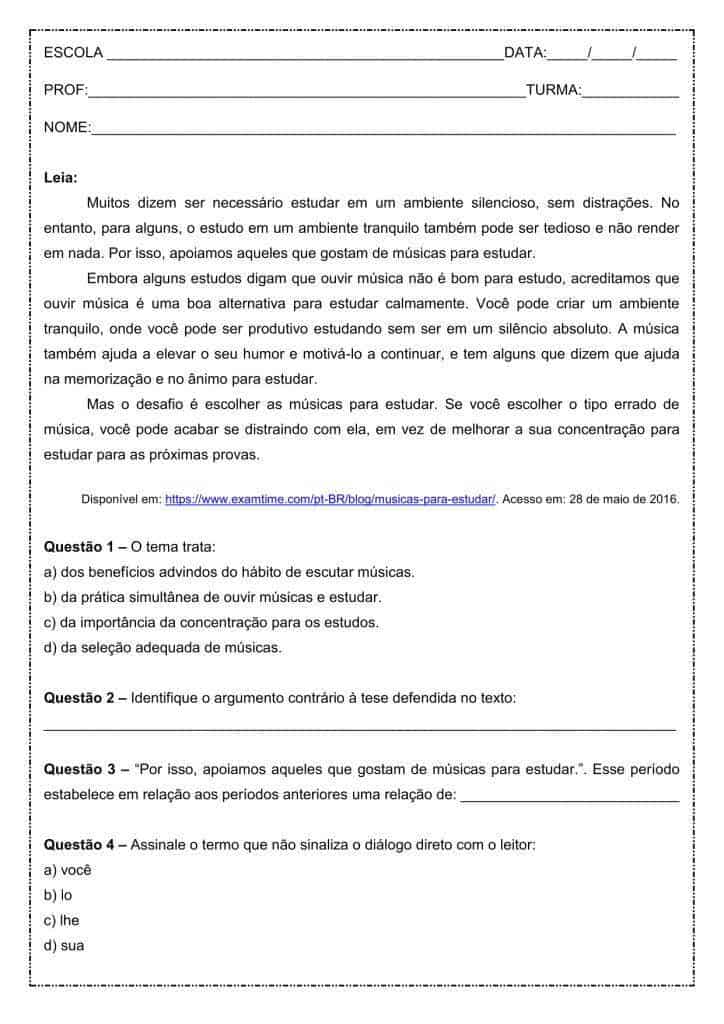 Interpretação de texto: Ouvir música e estudar - 7º ano