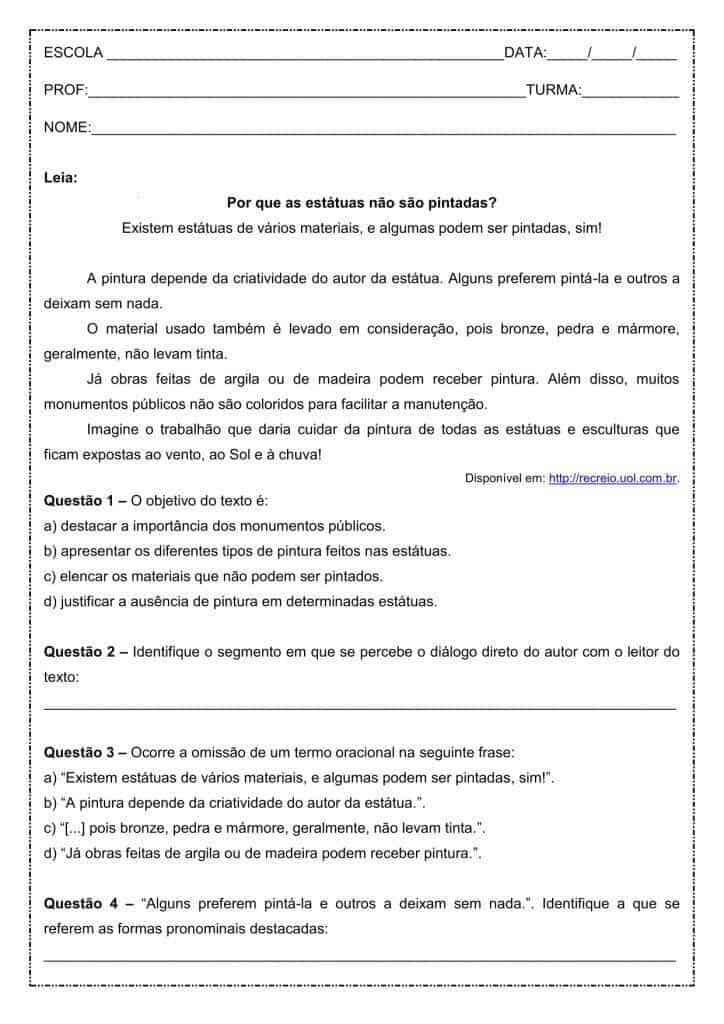 Interpretação de texto: Por que as estátuas não são pintadas - 8º ano