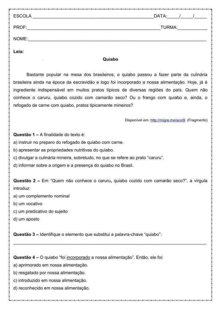Interpretação de texto: Quiabo - 8º ano