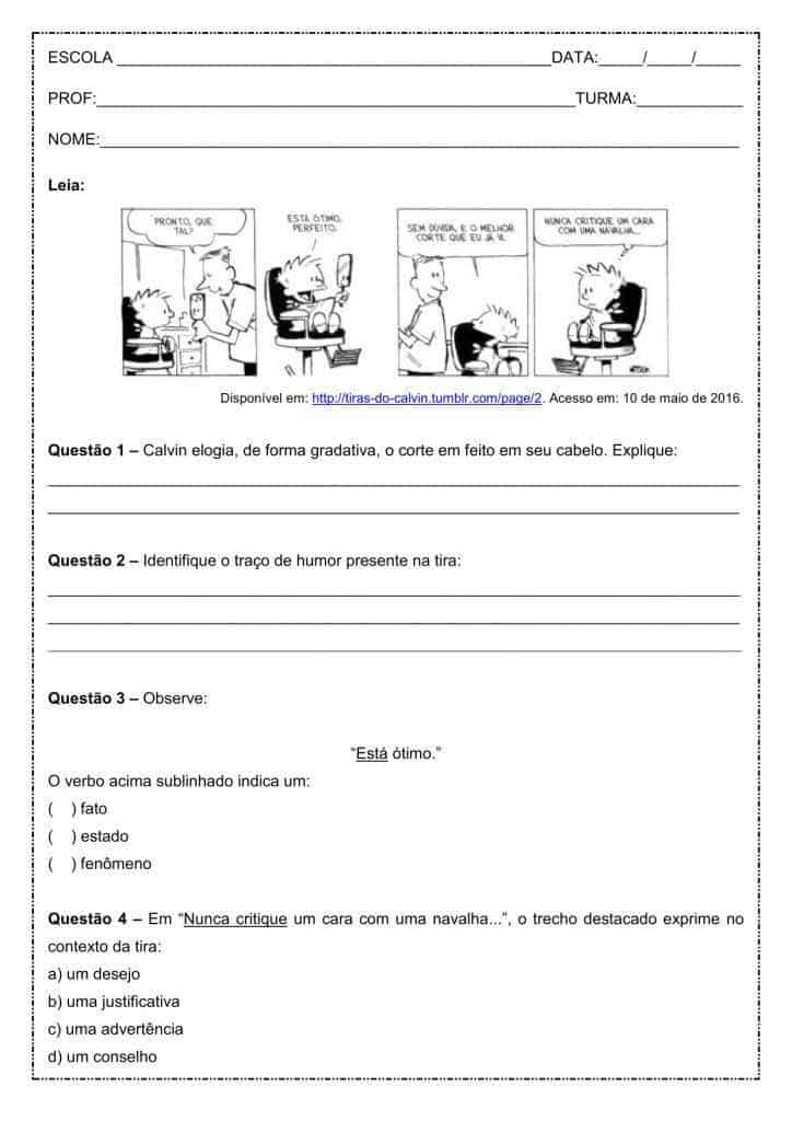 Interpretação de texto: Tira Calvin - 7º ano