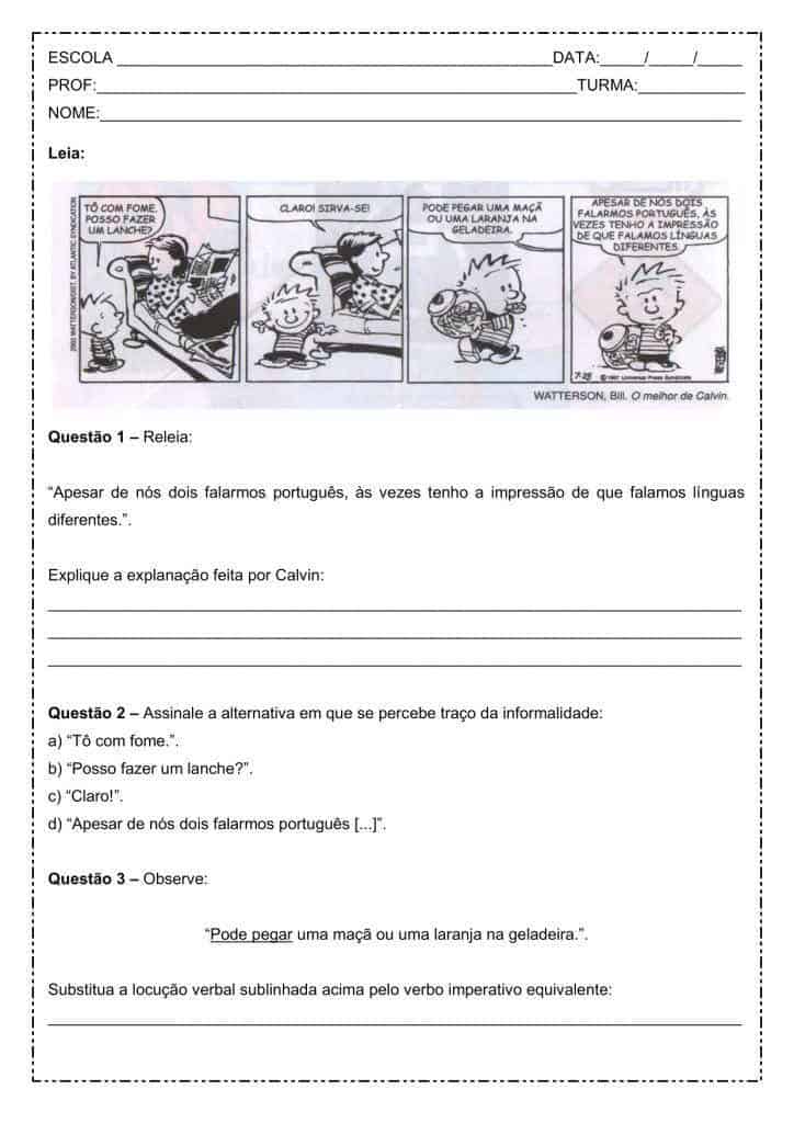 Interpretação de texto: Tira Calvin - 8º ano