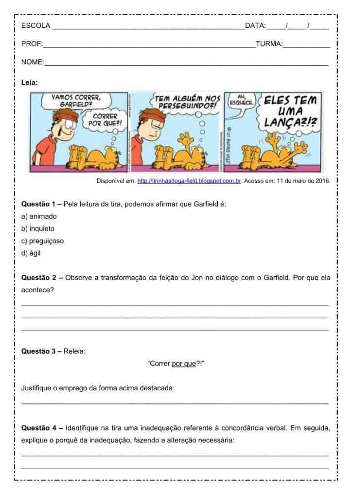 Interpretação de texto: Tira do Garfield - 8º ano