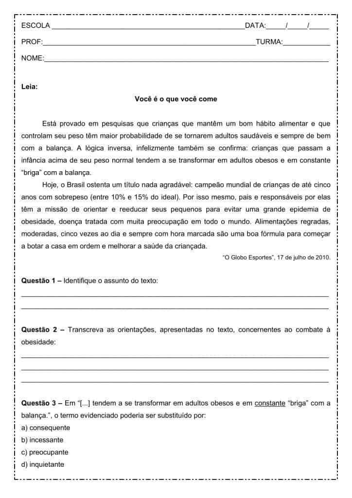Interpretação de texto: Você é o que você come - 1º ano do ensino médio