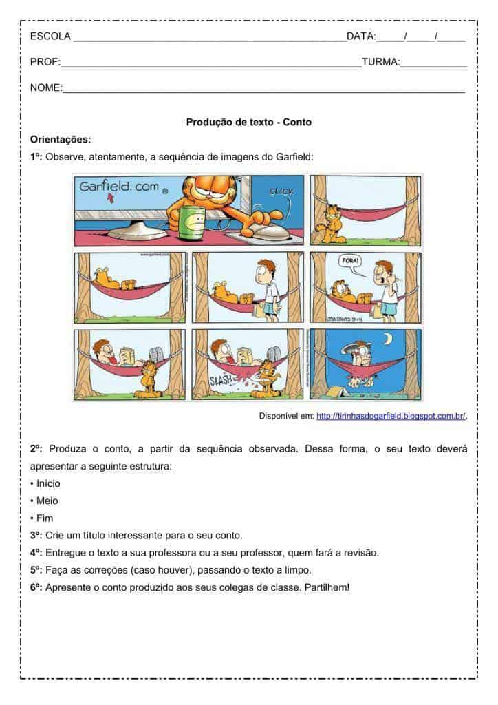 Produção de texto: Conto a partir de sequência de imagens do Garfield - 6º ano