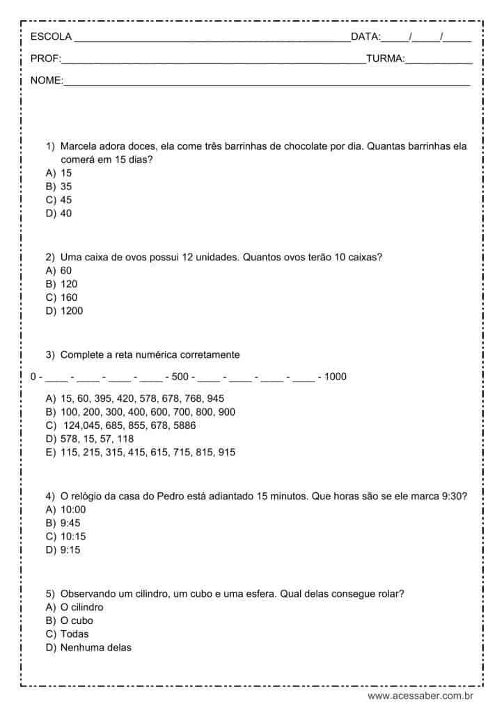Avaliação de matemática: multiplicação, sequência numérica, horas e composição - 3º ou 4º ano