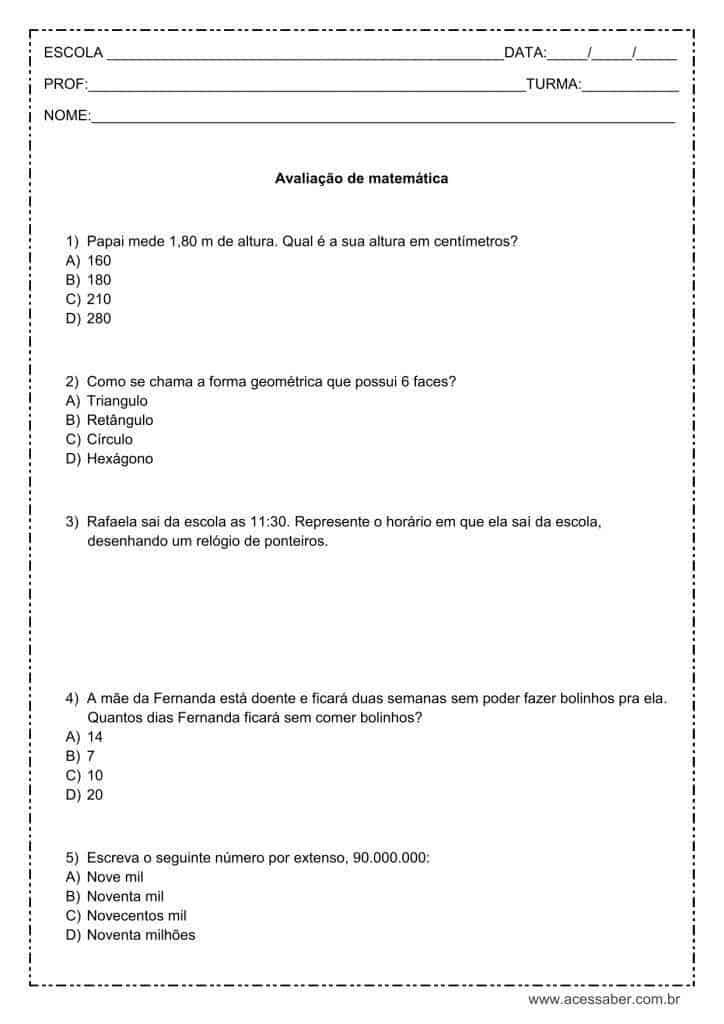 Avaliação de matemática: Formas geométricas, centímetros, horas, sistema monetário, multiplicação e divisão - 4º ou 5º ano