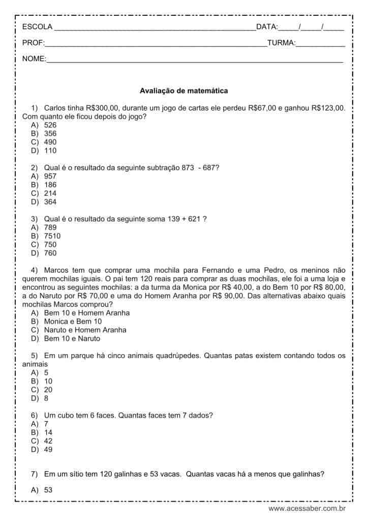 Avaliação de matemática: soma e subtração, sistema monetário, multiplicação e divisão - 4º ou 5º ano