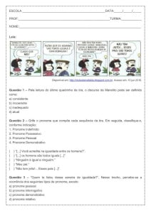 Atividade de português: Tipos de Pronomes - 9º ano