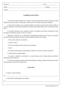 Interpretação de texto: A memória dos peixes - 3º ou 4º ano