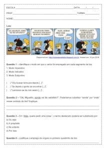 Atividade de português: Modos Verbais - 8º ano