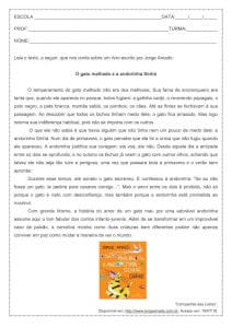 Atividade de interpretação de texto: O gato malhado e a andorinha Sinhá - 8º ano