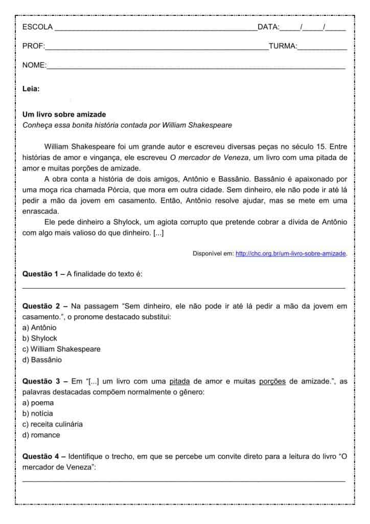 Interpretação de texto: Um livro sobre amizade - 6º ano