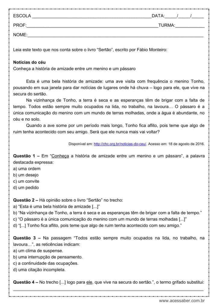 Atividade de português: Uso das reticências - 6º ano