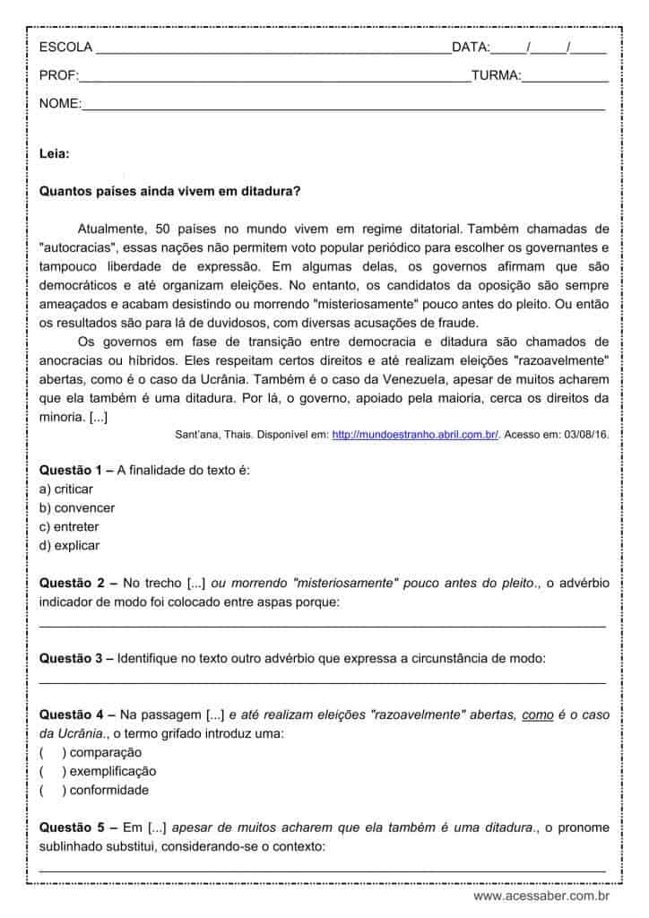 Atividade de língua portuguesa: Advérbio de modo - 9º ano