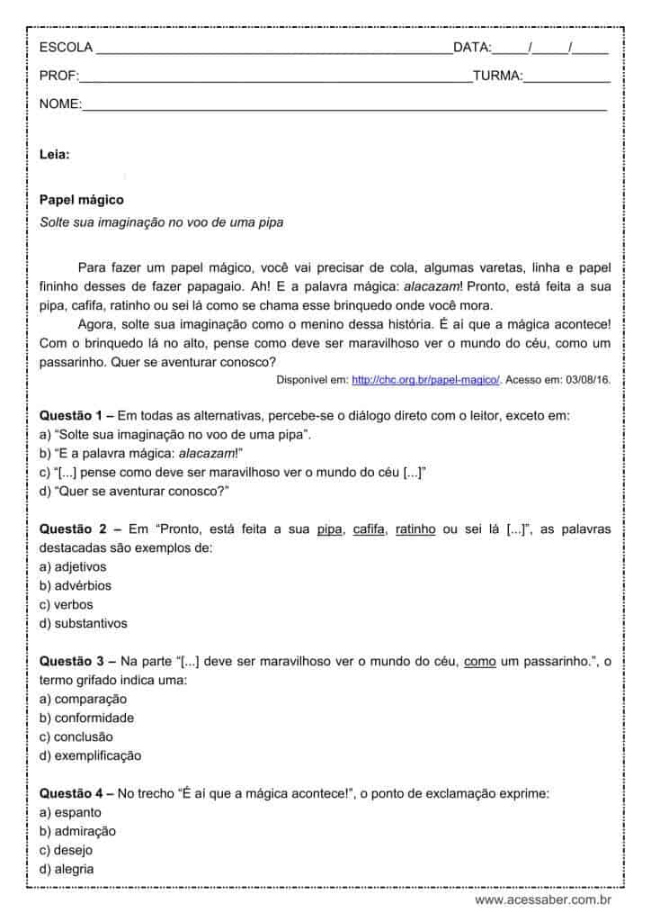Atividade de língua portuguesa: Ponto de exclamação - 7º ano