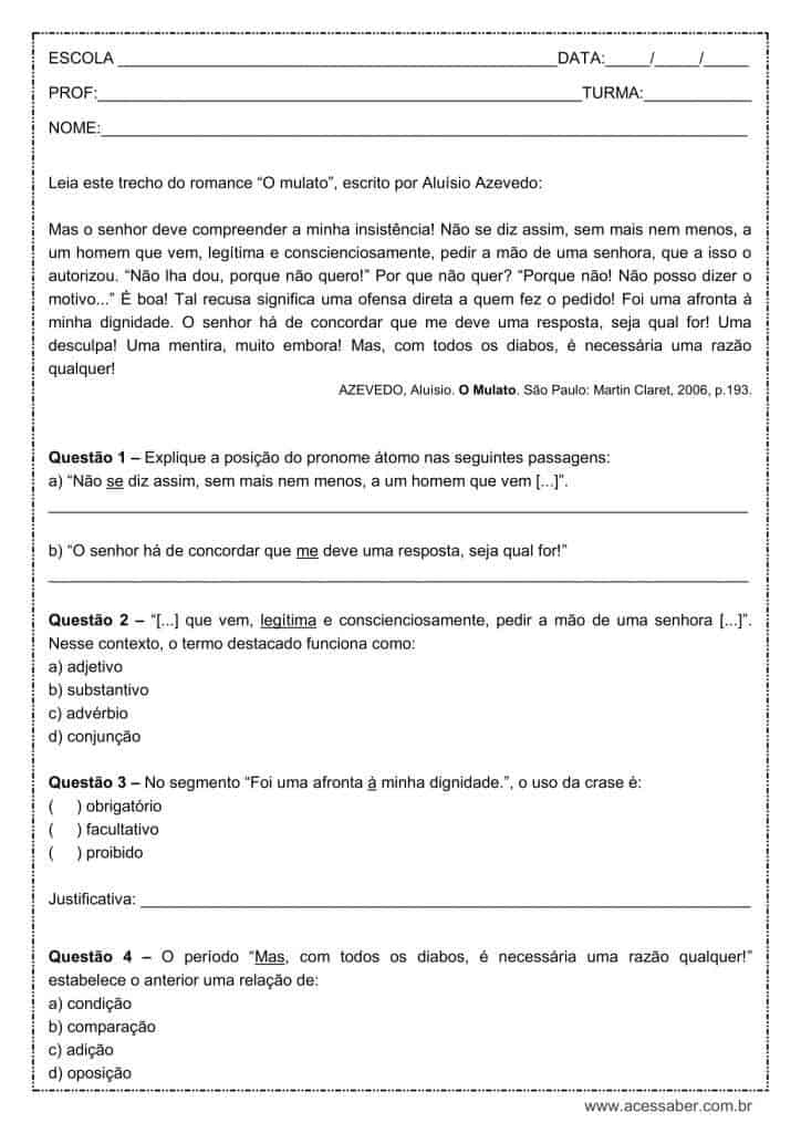 Atividade de português: Colocacao pronominal - 2º ano do ensino médio