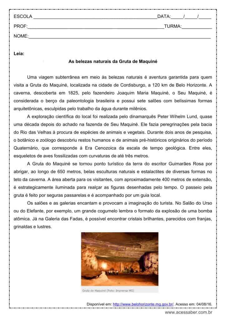 Interpretação de texto: Gruta de Maquiné - 1º ano do ensino médio