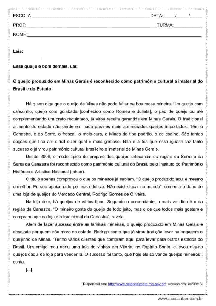 Interpretação de texto: Queijo de Minas - 2º ano do ensino médio