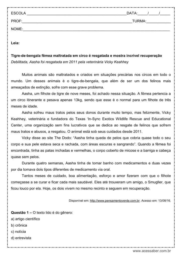 Interpretação de texto: Tigre-de-bengala - 1º ano do ensino médio