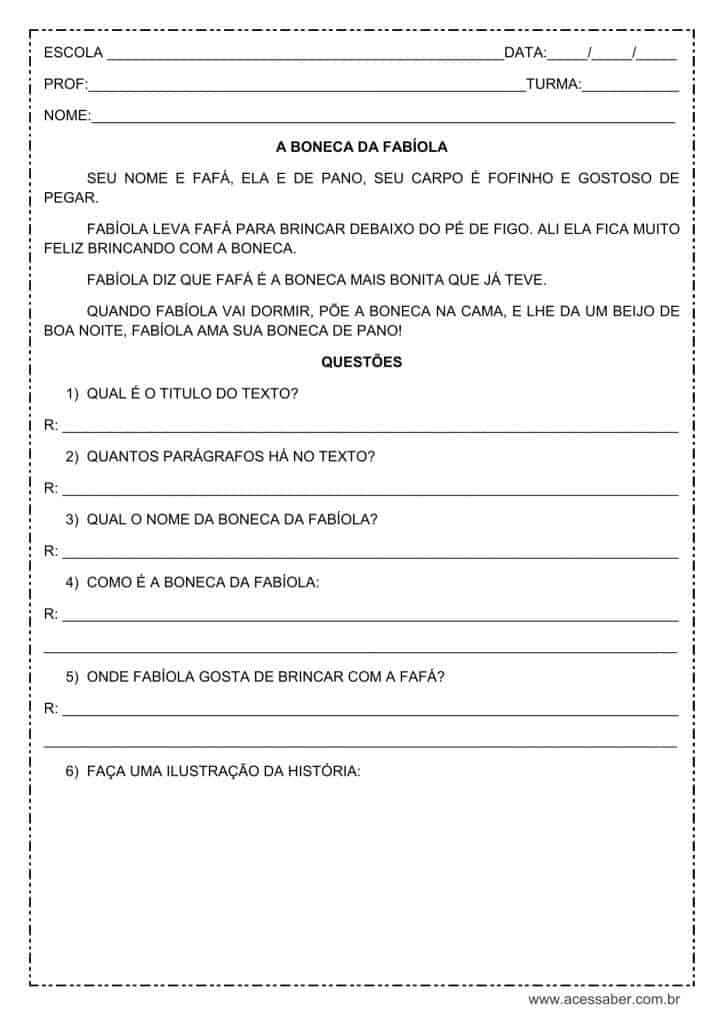 Interpretação de texto: A boneca da Fabíola - 2º ou 3º ano