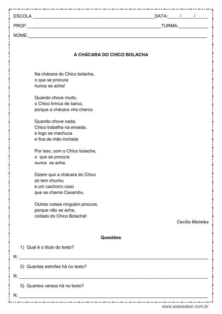 Interpretação de texto: A chácara do Chico Bolacha - 3º ou 4º ano