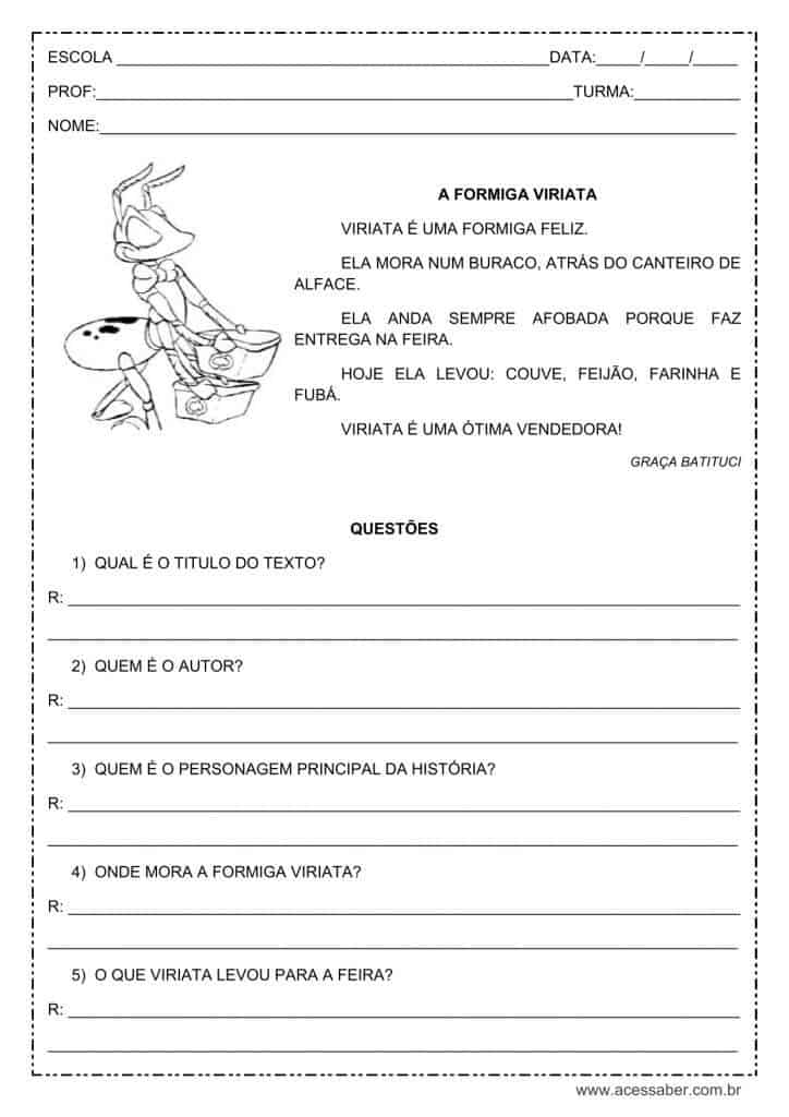 Interpretação de texto: A formiga Viriata - 1º ou 2º ano