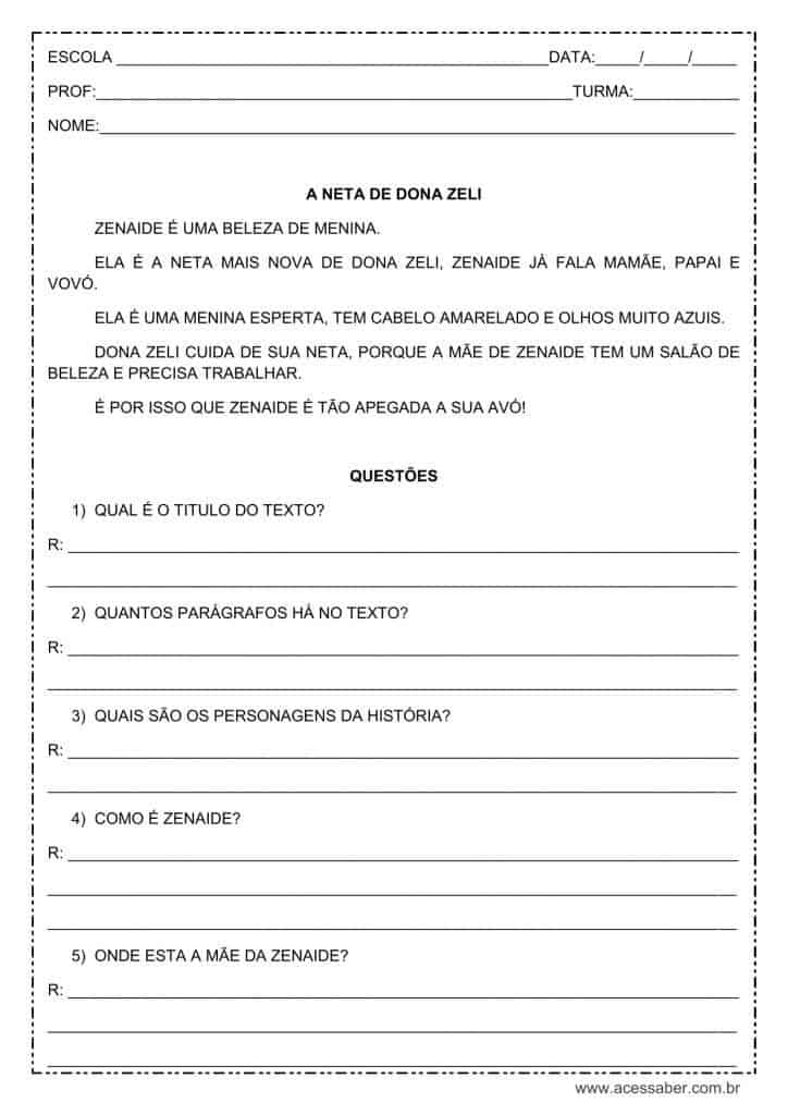 Interpretação de texto: A neta de dona Zeli - 2º ou 3º ano