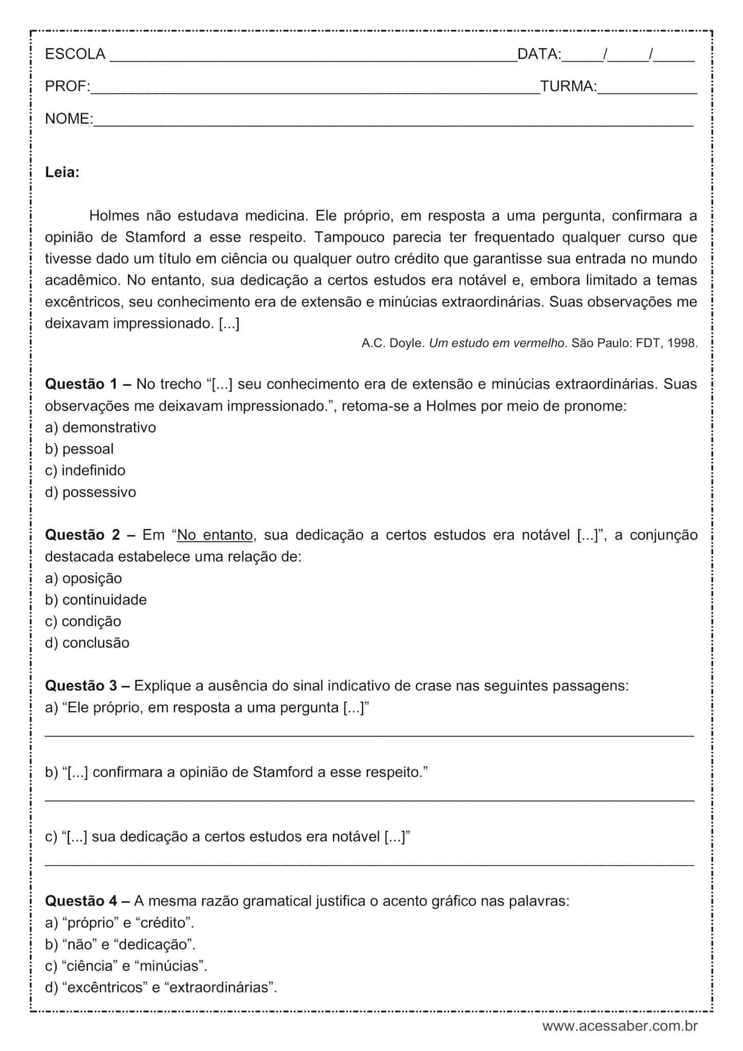 Atividade de língua portuguesa: Crase proibida - 1º ano do ensino médio