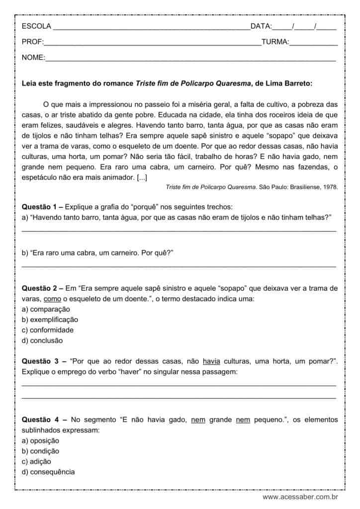 Atividade de português: Os porquês - 9º ano