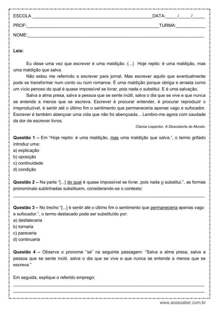 Atividade de língua portuguesa: Colocação do pronome se - 1º ano do ensino médio