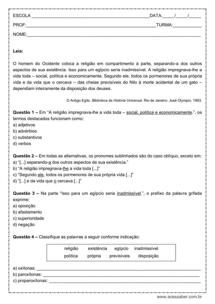 Atividade de língua portuguesa: Pronomes oblíquos - 1º ano do ensino médio