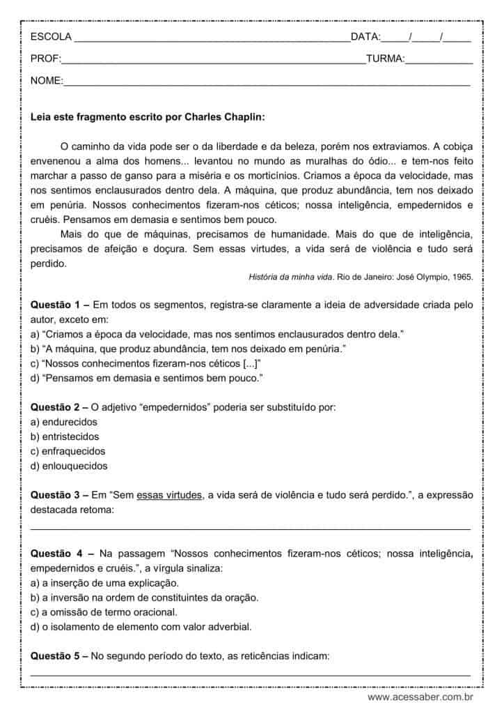 Atividade de língua portuguesa: Reticências - 9º ano