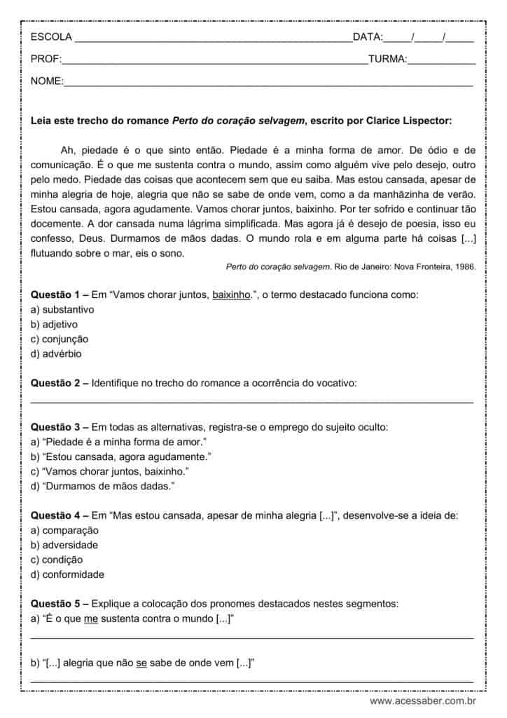 Atividade de português: Vocativo - 2º ano do ensino médio