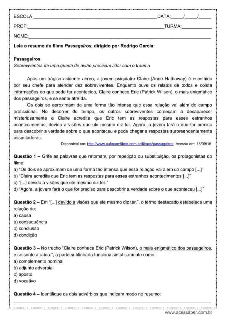 Atividade de língua portuguesa: Advérbio - 1º ano do ensino médio