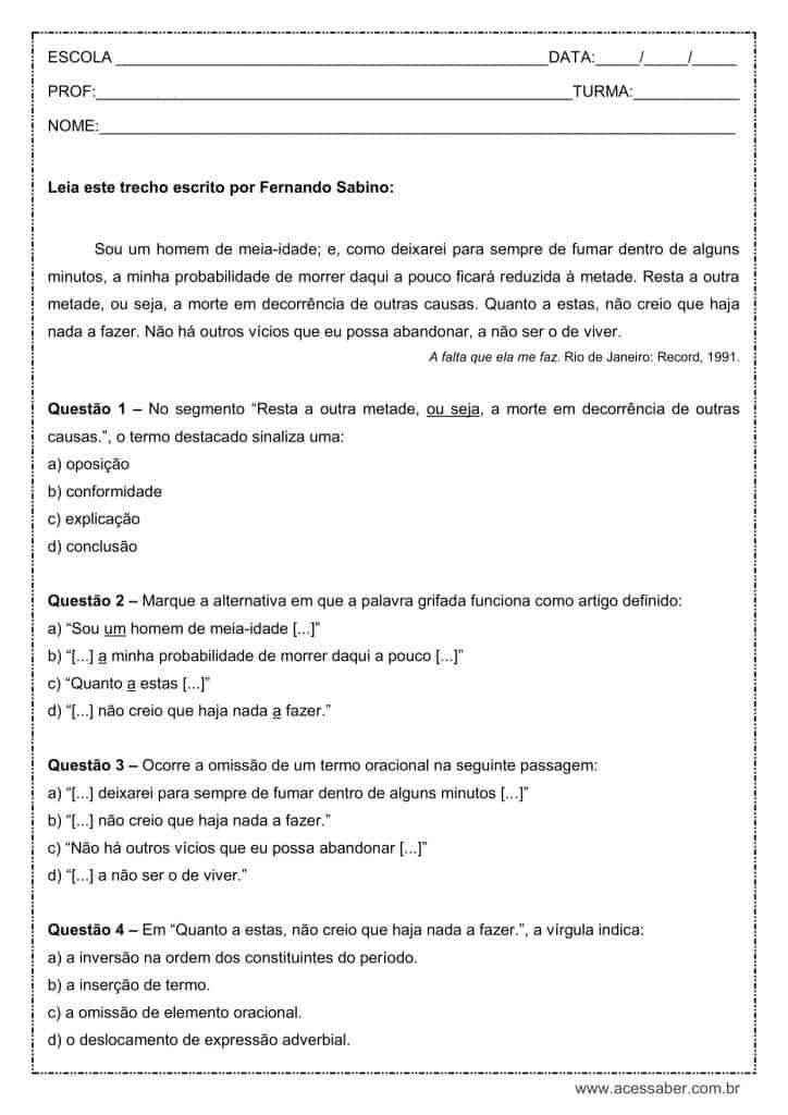 Atividade de língua portuguesa: Artigo definido - 2º ano do ensino médio