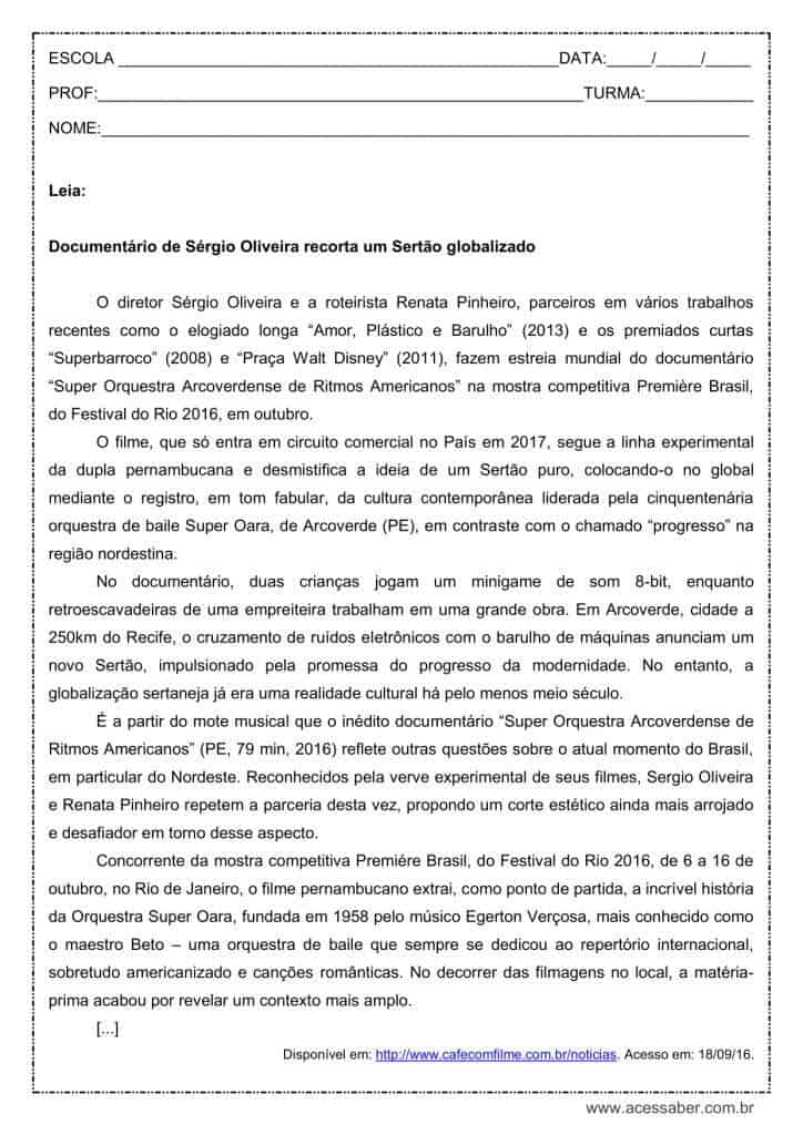 Atividade de língua portuguesa: Concordância verbal - 1º ano do ensino médio