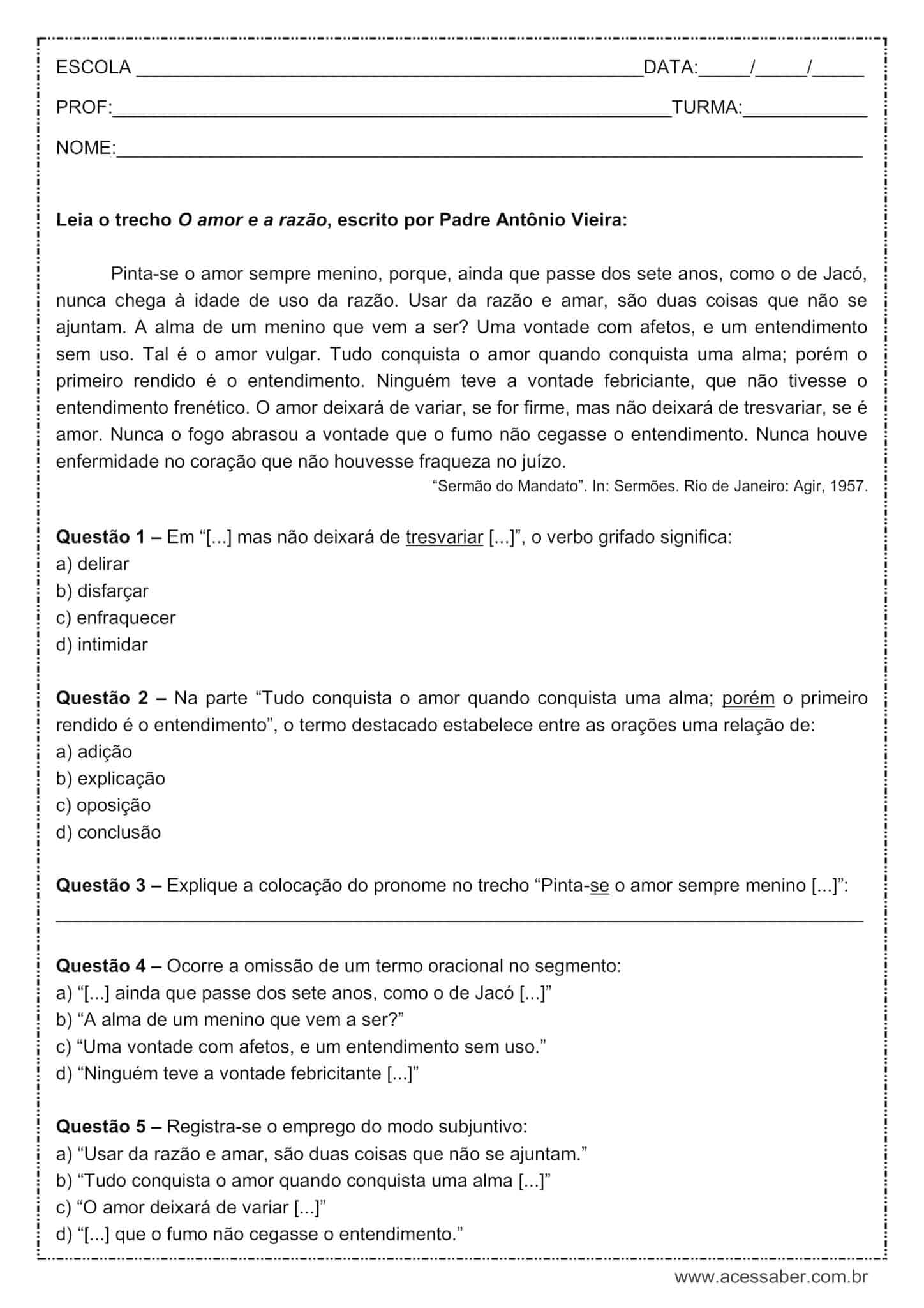 Atividade de língua portuguesa: Modo subjuntivo - 2º ano do ensino médio