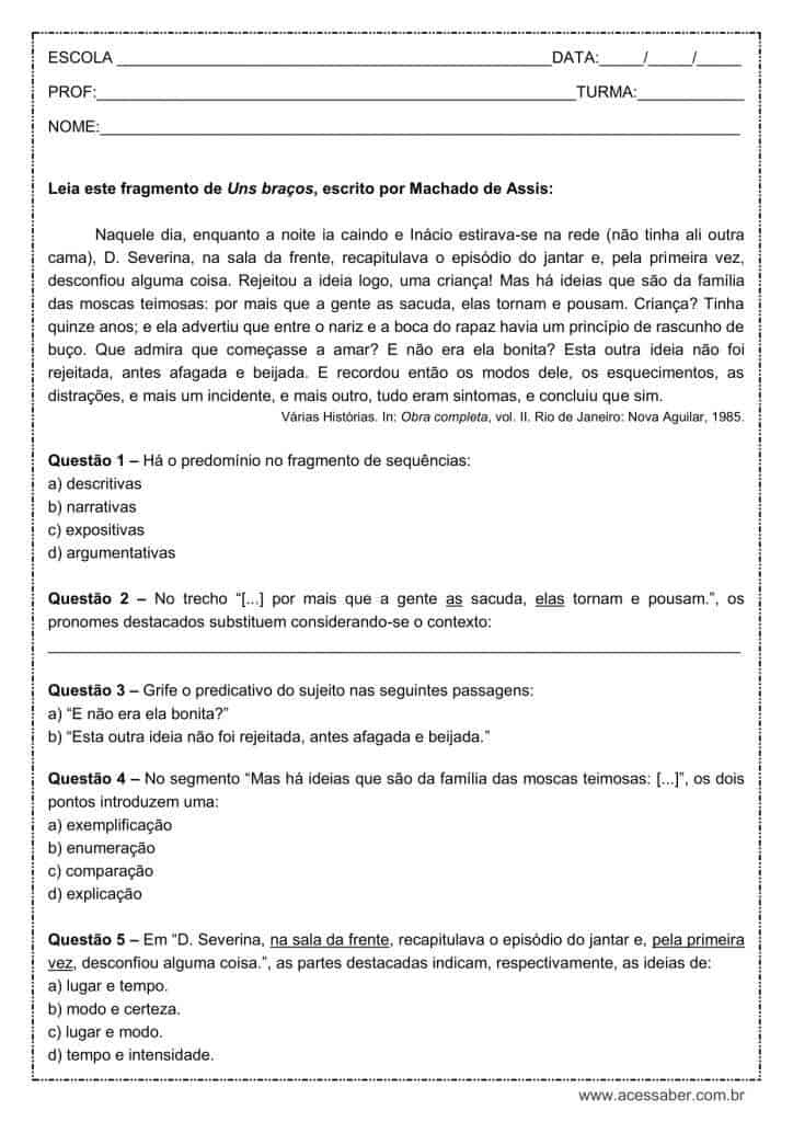 Atividade de português: Predicativo do sujeito - 9º ano