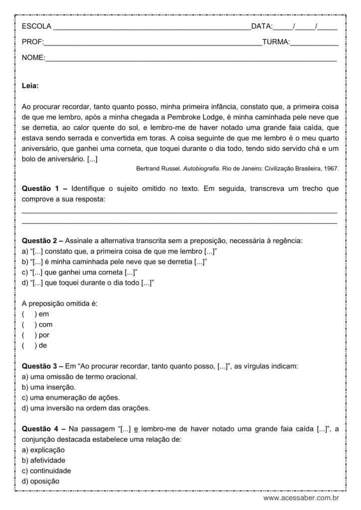 Atividade de língua portuguesa: Regência - 9º ano