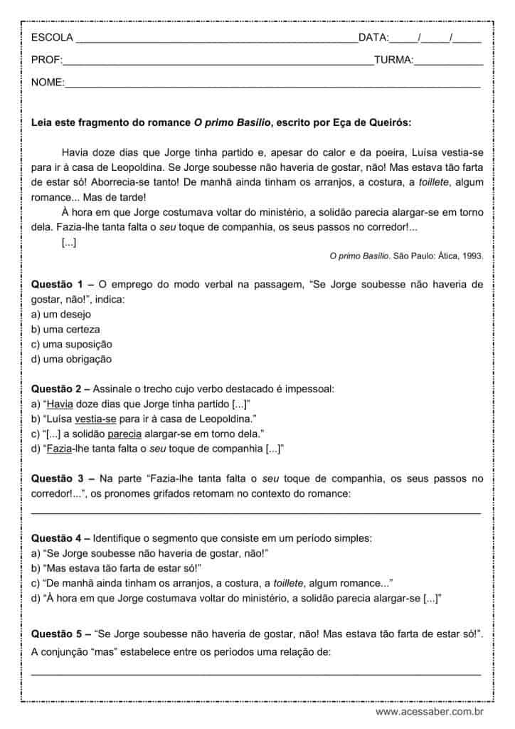 Atividade de português: Verbos impessoais - 1º ano do ensino médio
