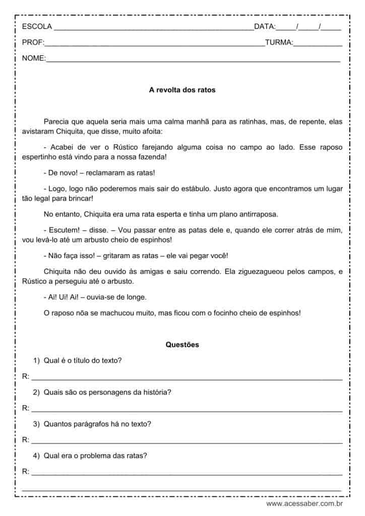 Interpretação de texto: A revolta dos ratos - 3º ou 4º ano