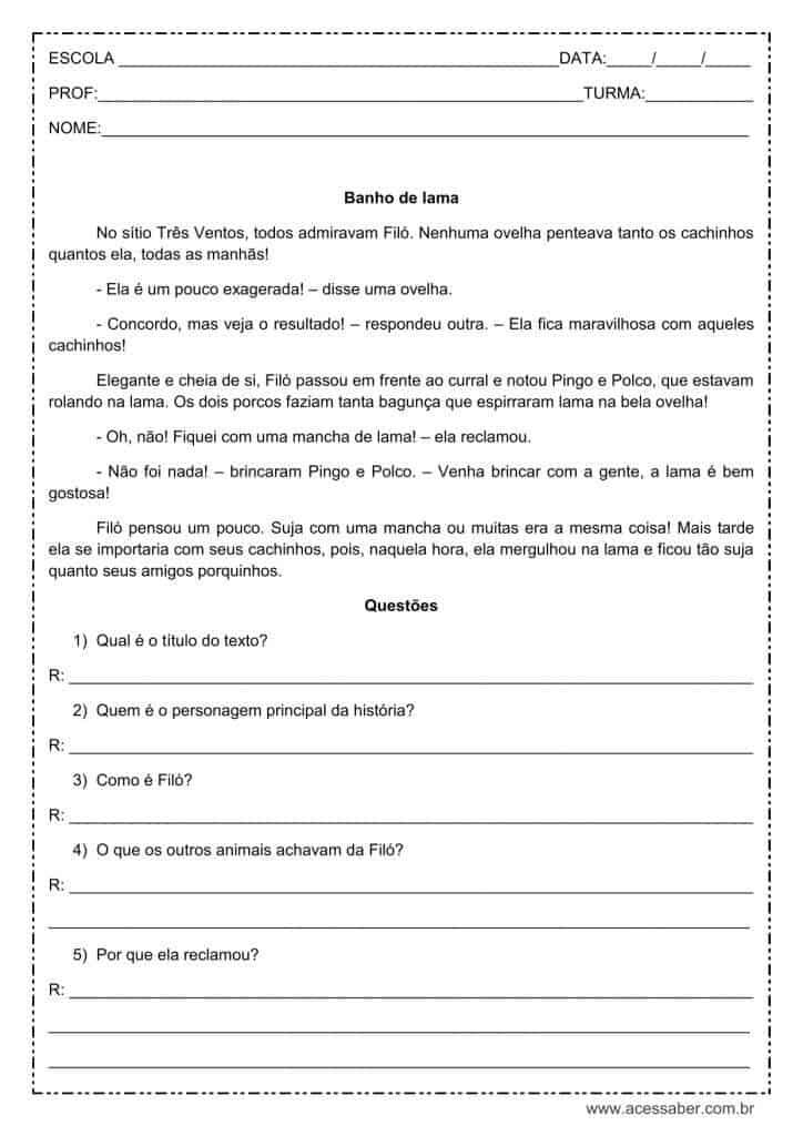 Interpretação de texto: Banho de lama - 3º ou 4º ano