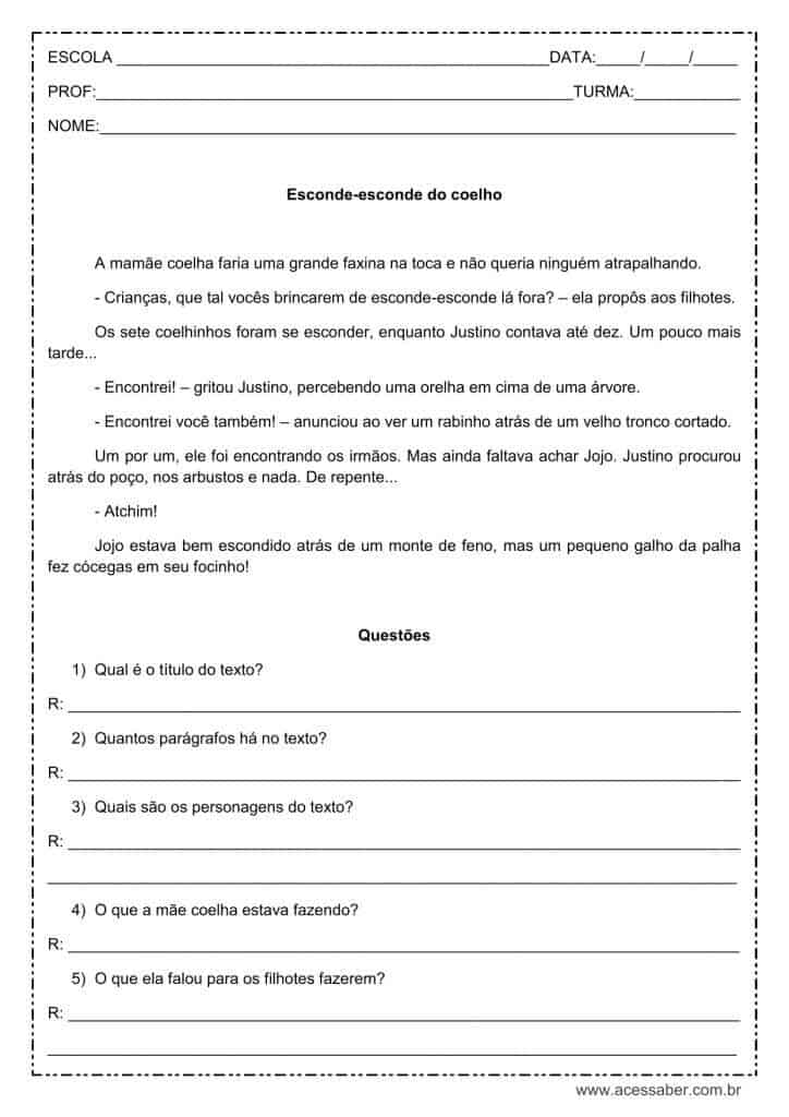 Interpretação de texto: Esconde-esconde do coelho - 3º ou 4º ano