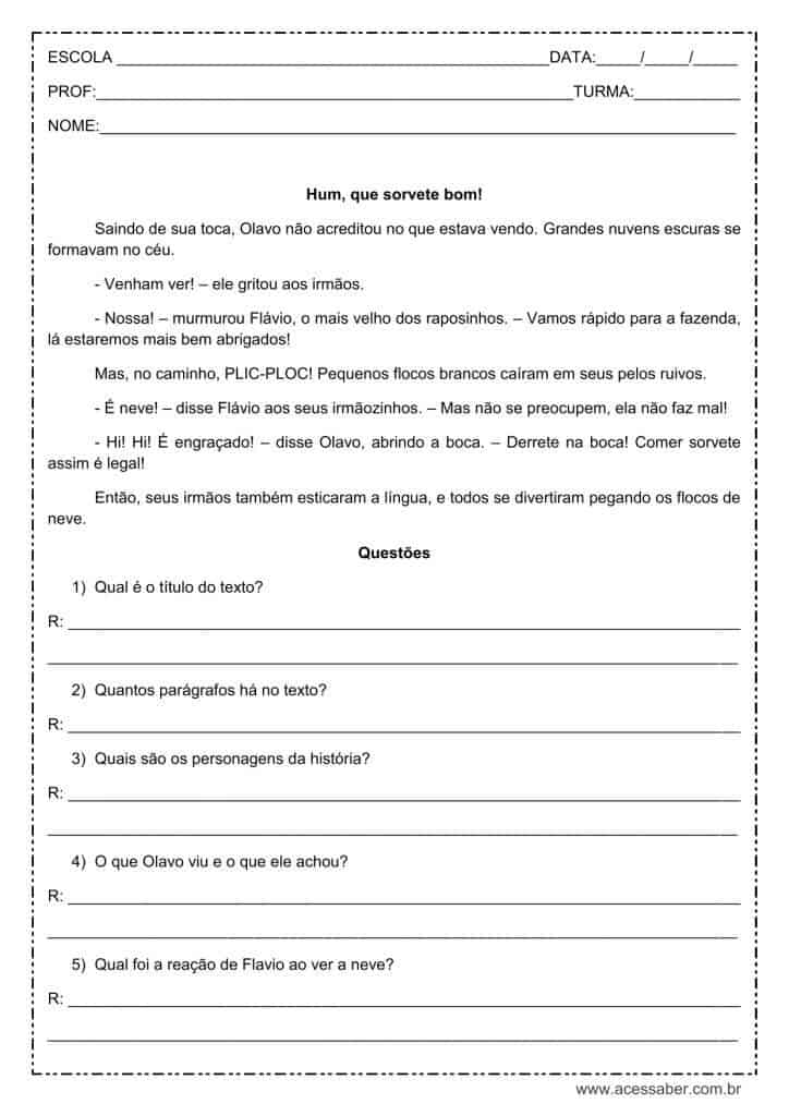 Interpretação de texto: Hum, que sorvete bom! - 3º ou 4º ano