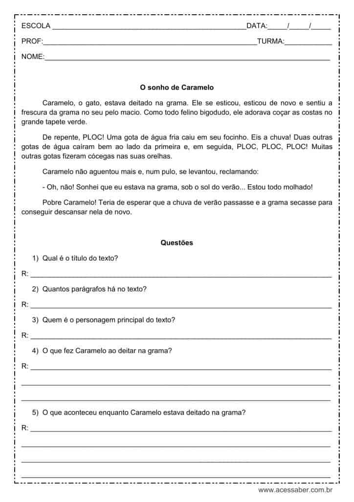 Interpretação de texto: O sonho de Caramelo - 3º ou 4º ano