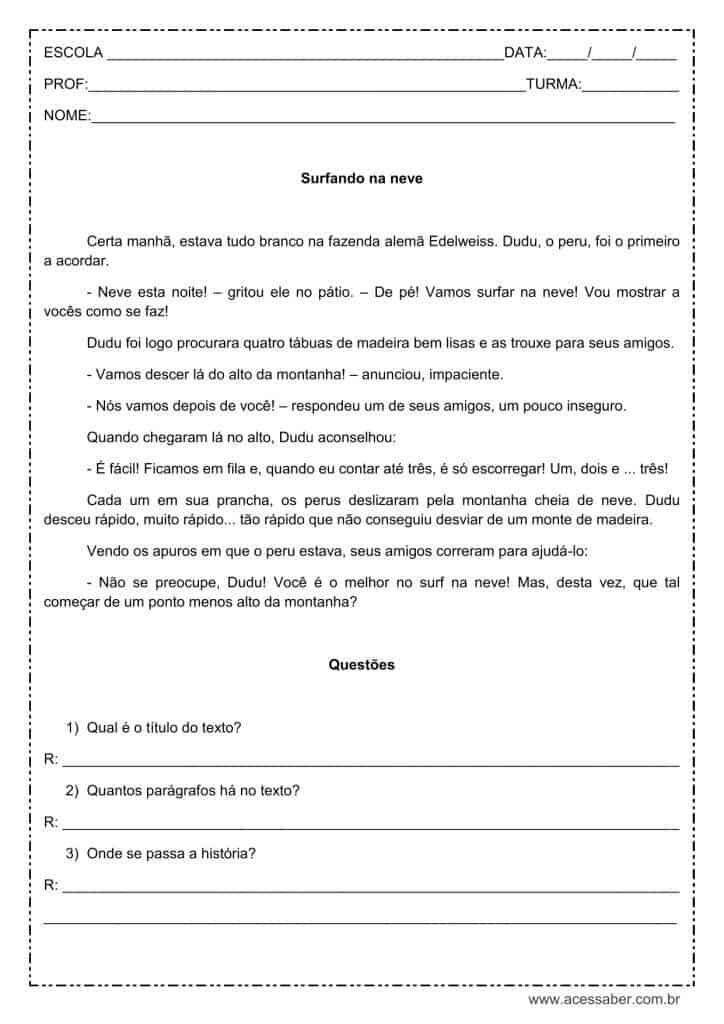 Interpretação de texto: Surfando na neve - 3º ou 4º ano