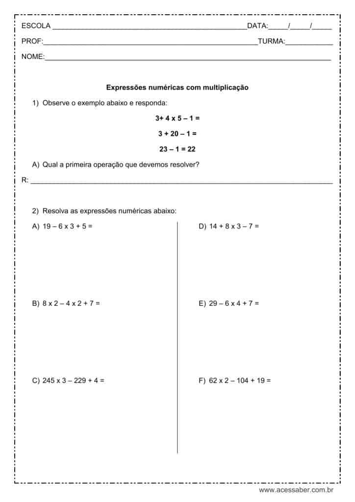 exercícios de matemática: Expressões com multiplicação - 4º ou 5º ano