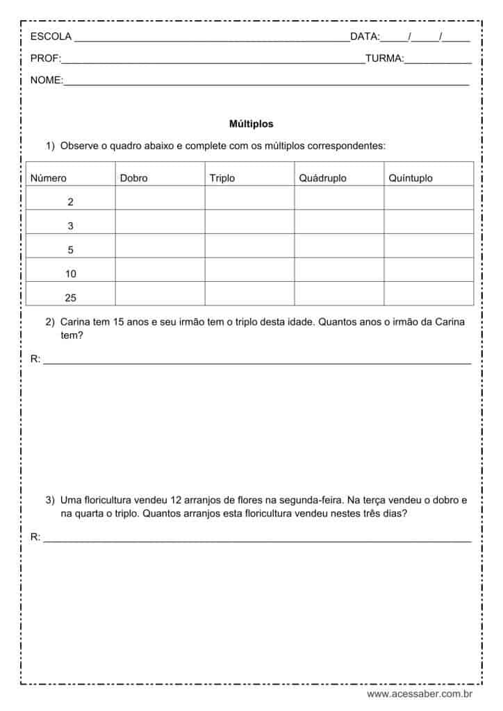 exercícios de matemática: Múltiplos - 4º ou 5º ano