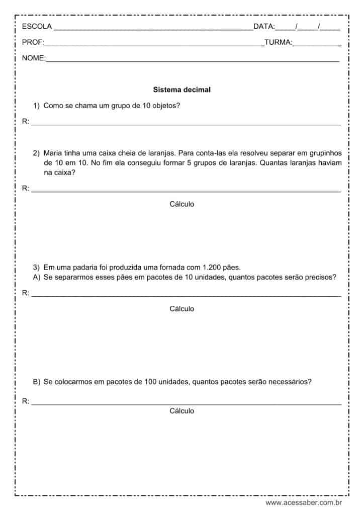 Atividade de matemática: Sistema decimal - 4º ano