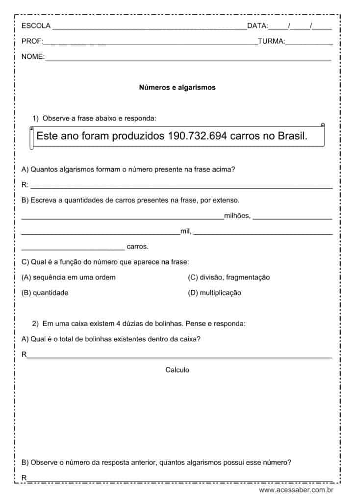 Atividade de matemática: Números e algarismos - 4º ano